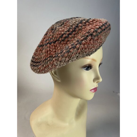 Vintage Hansen Wool & Acrylic One Size Beret In Pink & Gray Stripes Made in USA - Picture 2 of 16